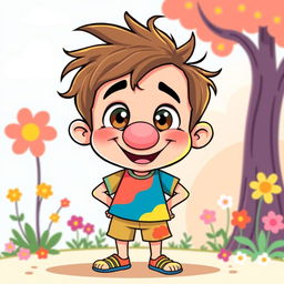 A whimsical cartoon-style vector illustration of a boy with a noticeably fat nose, wearing a colorful t-shirt and shorts, standing in a playful pose