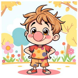 A whimsical cartoon-style vector illustration of a boy with a noticeably fat nose, wearing a colorful t-shirt and shorts, standing in a playful pose