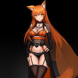 A realistic sexy gothic anime Kitsune girl with a flustered expression, featuring long orange hair that flows down to her lower back