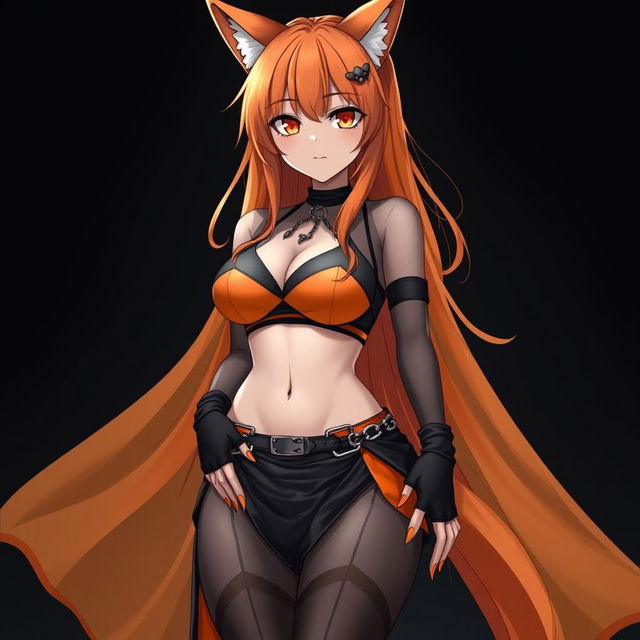 A realistic sexy gothic anime Kitsune girl with a flustered expression, featuring long orange hair that flows down to her lower back