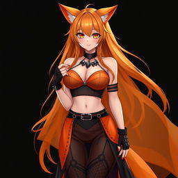 A realistic sexy gothic anime Kitsune girl with a flustered expression, featuring long orange hair that flows down to her lower back