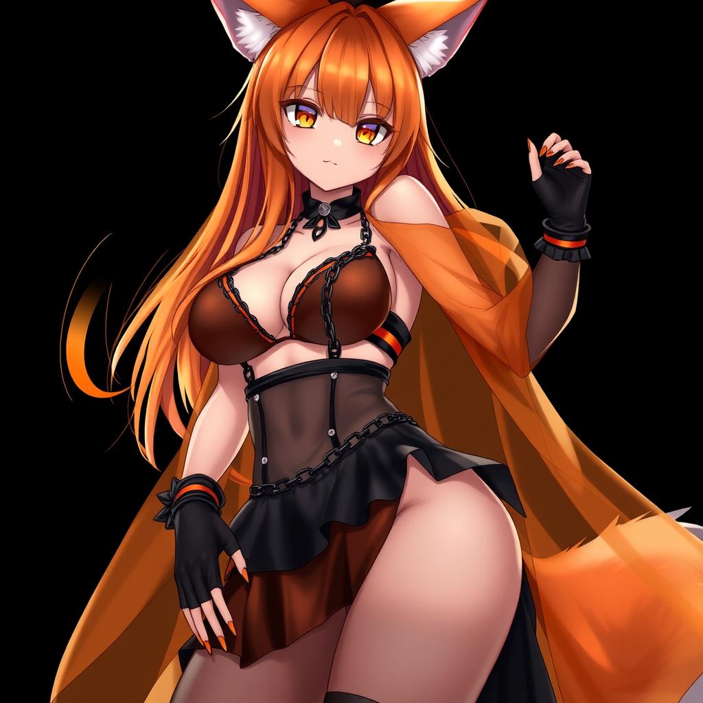 A realistic sexy gothic anime Kitsune girl with a flustered expression, featuring long orange hair that flows down to her lower back