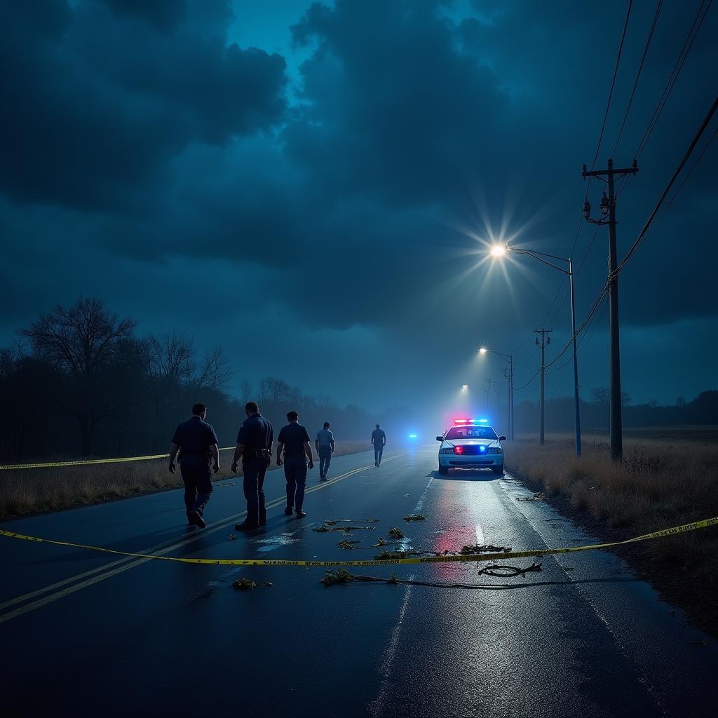 A dramatic police crime scene set on a deserted roadway under a deep dark blue sky filled with swirling storm clouds