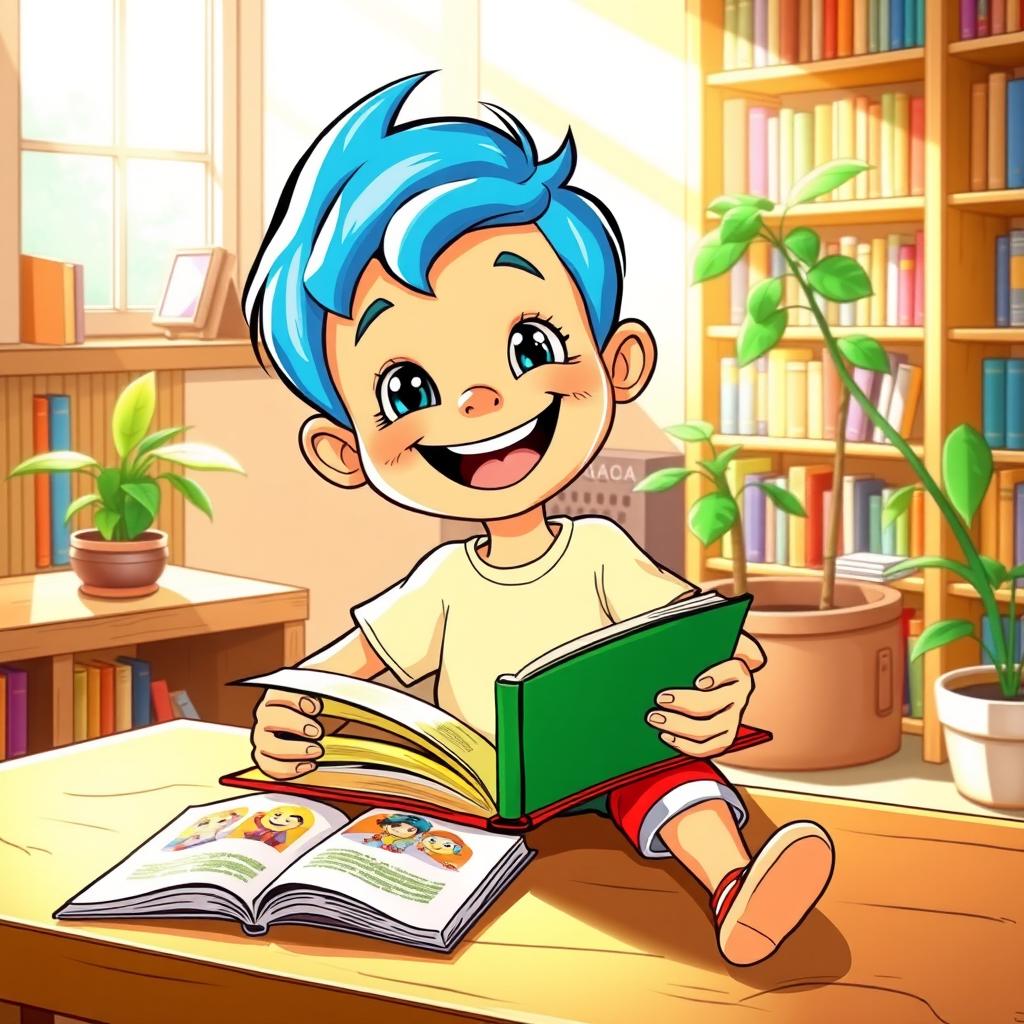 A vibrant and colorful cartoon scene featuring a cheerful cartoon boy, around 8 years old, with bright blue hair, sitting at a wooden table