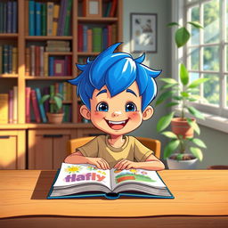 A vibrant and colorful cartoon scene featuring a cheerful cartoon boy, around 8 years old, with bright blue hair, sitting at a wooden table