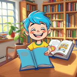 A vibrant and colorful cartoon scene featuring a cheerful cartoon boy, around 8 years old, with bright blue hair, sitting at a wooden table