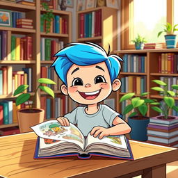 A vibrant and colorful cartoon scene featuring a cheerful cartoon boy, around 8 years old, with bright blue hair, sitting at a wooden table