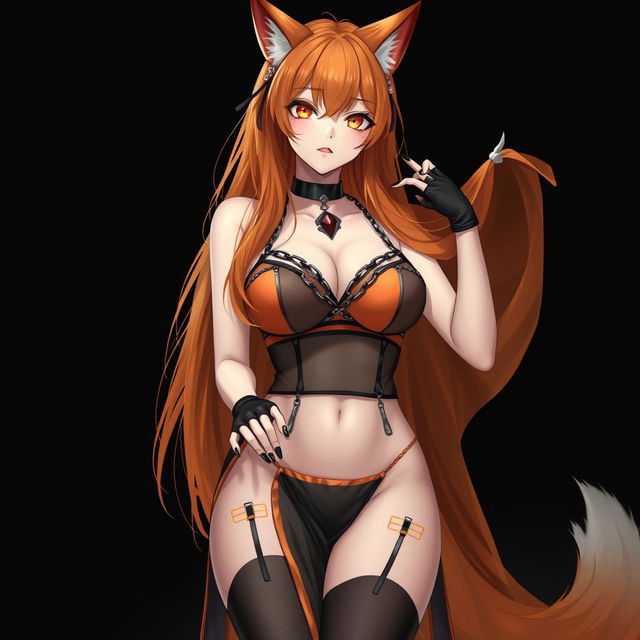 A realistic sexy gothic anime Kitsune girl with a flustered expression, featuring long orange hair that cascades down to her lower back