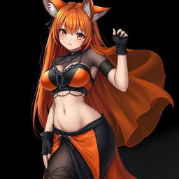 A realistic sexy gothic anime Kitsune girl with a flustered expression, featuring long orange hair that cascades down to her lower back