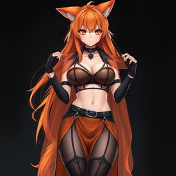 A realistic sexy gothic anime Kitsune girl with a flustered expression, featuring long orange hair that cascades down to her lower back