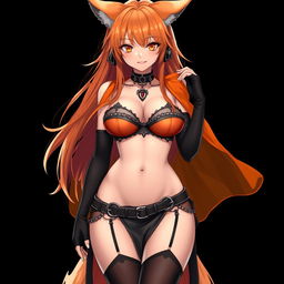 A realistic sexy gothic anime Kitsune girl with a flustered expression, featuring long orange hair that cascades down to her lower back