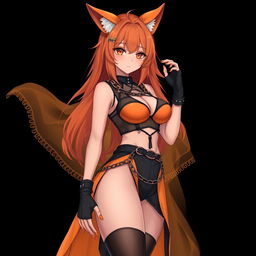 A realistic sexy gothic anime Kitsune girl with a flustered face, featuring long orange hair that flows down to her lower back