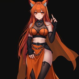 A realistic sexy gothic anime Kitsune girl with a flustered face, featuring long orange hair that flows down to her lower back