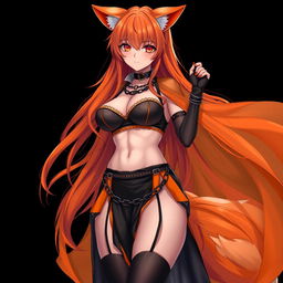 A realistic sexy gothic anime Kitsune girl with a flustered face, featuring long orange hair that flows down to her lower back