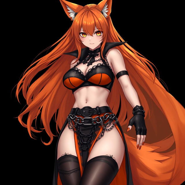 A realistic sexy gothic anime Kitsune girl with a flustered face, featuring long orange hair that flows down to her lower back