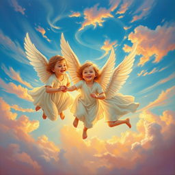 An oil painting of three beautiful youthful angels with delicate, feathery wings and flowing white robes, their faces aglow with joy, frolicking and playing high up in a vibrant blue sky filled with wispy clouds at sunset