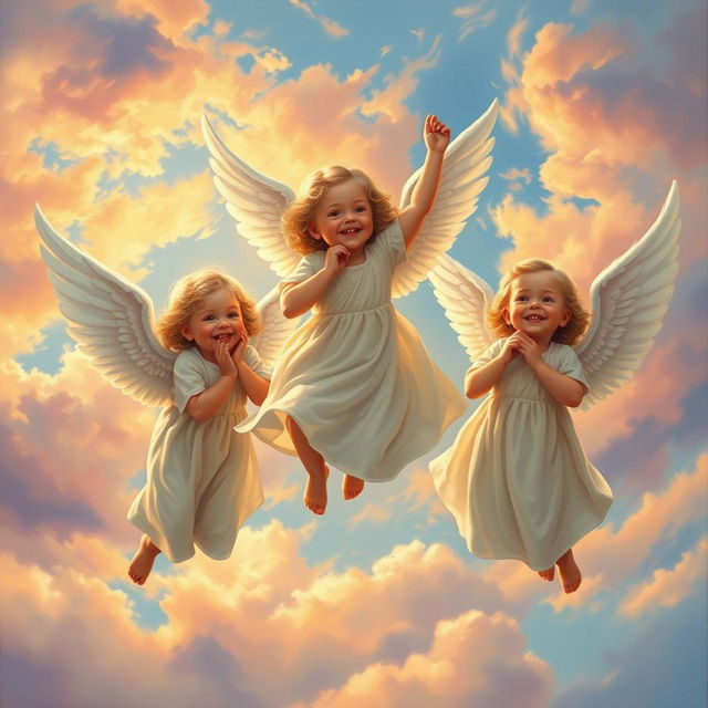 An oil painting of three beautiful youthful angels with delicate, feathery wings and flowing white robes, their faces aglow with joy, frolicking and playing high up in a vibrant blue sky filled with wispy clouds at sunset
