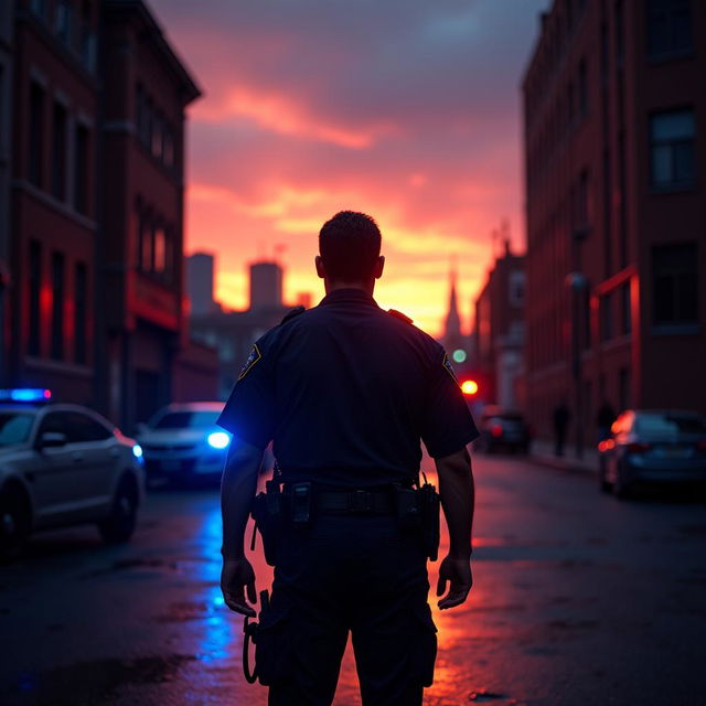 A dramatic scene depicting a police officer standing stoically at the edge of a dimly lit alley at sunset