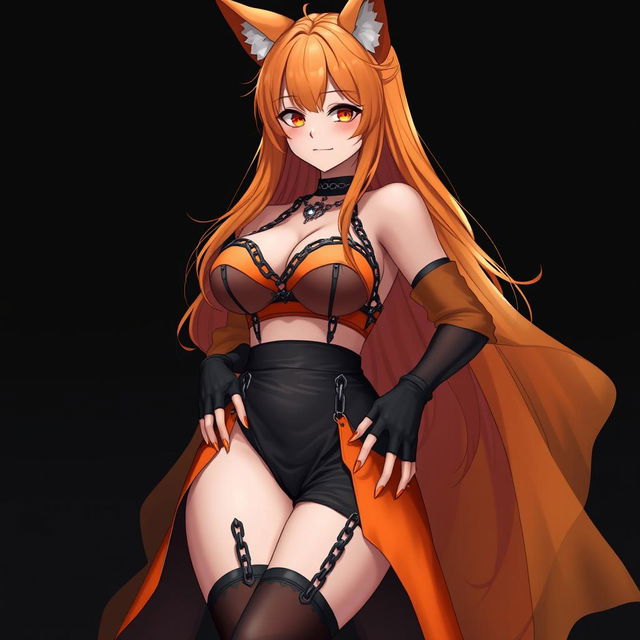 A realistic sexy gothic anime Kitsune girl with a flustered face adorned with blush, featuring long orange hair that cascades down to her lower back