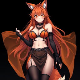 A realistic sexy gothic anime Kitsune girl with a flustered face adorned with blush, featuring long orange hair that cascades down to her lower back