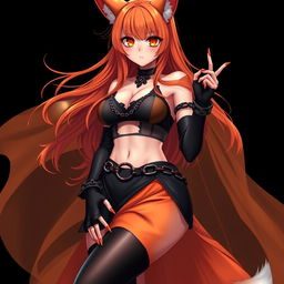 A realistic sexy gothic anime Kitsune girl with a flustered face adorned with blush, featuring long orange hair that cascades down to her lower back