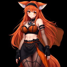 A realistic sexy gothic anime Kitsune girl with a flustered face adorned with blush, featuring long orange hair that cascades down to her lower back