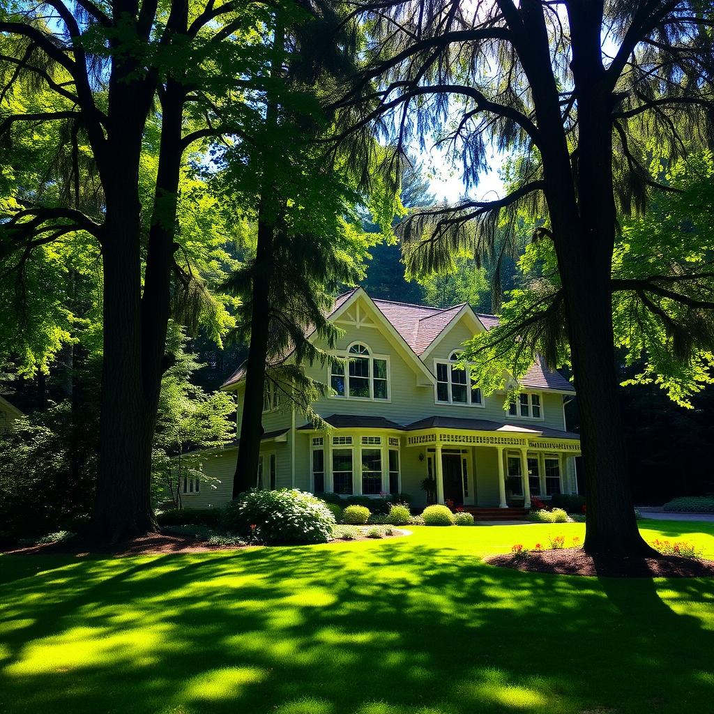 A large, beautiful house nestled near a lush green forest, surrounded by tall trees and vibrant foliage