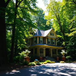 A large, beautiful house nestled near a lush green forest, surrounded by tall trees and vibrant foliage