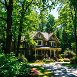 A large, beautiful house nestled near a lush green forest, surrounded by tall trees and vibrant foliage