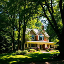 A large, beautiful house nestled near a lush green forest, surrounded by tall trees and vibrant foliage