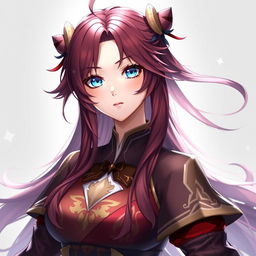 A stunning female original character from Genshin Impact, featuring flowing wine-colored hair and captivating blue eyes