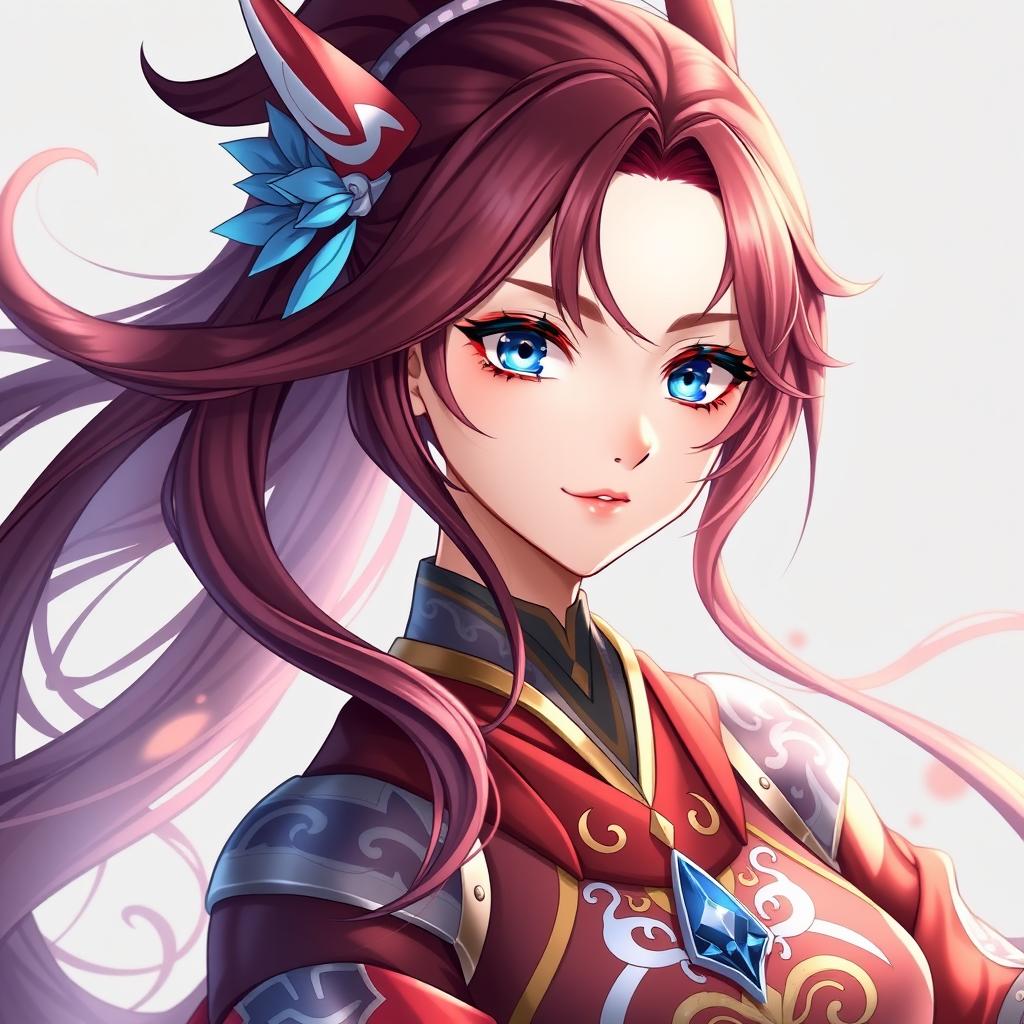 A stunning female original character from Genshin Impact, featuring flowing wine-colored hair and captivating blue eyes