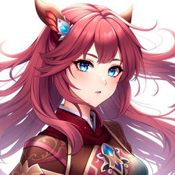 A stunning female original character from Genshin Impact, featuring flowing wine-colored hair and captivating blue eyes
