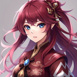 A stunning female original character from Genshin Impact, featuring flowing wine-colored hair and captivating blue eyes