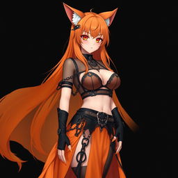 A realistic sexy gothic anime Kitsune girl with a flustered face, featuring a soft blush and long orange hair that flows elegantly to her lower back