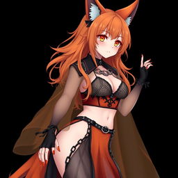 A realistic sexy gothic anime Kitsune girl with a flustered face, featuring a soft blush and long orange hair that flows elegantly to her lower back