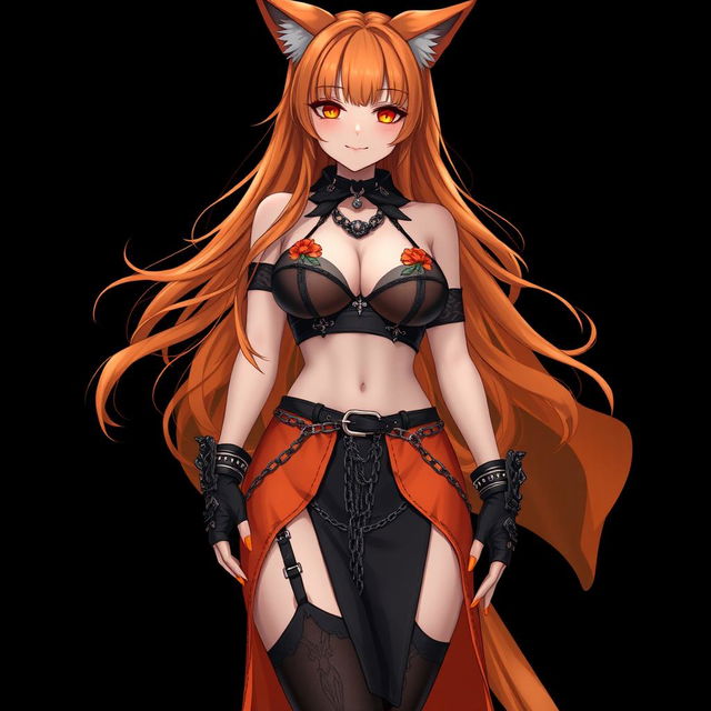 A realistic sexy gothic anime Kitsune girl with a flustered face, featuring a soft blush and long orange hair that flows elegantly to her lower back