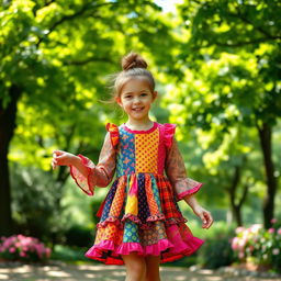 A girl standing in a park wearing an overly colorful and mismatched ugly dress, adorned with loud patterns and frills