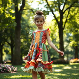 A girl standing in a park wearing an overly colorful and mismatched ugly dress, adorned with loud patterns and frills