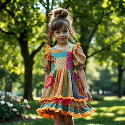 A girl standing in a park wearing an overly colorful and mismatched ugly dress, adorned with loud patterns and frills