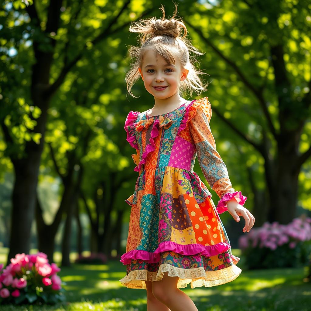 A girl standing in a park wearing an overly colorful and mismatched ugly dress, adorned with loud patterns and frills