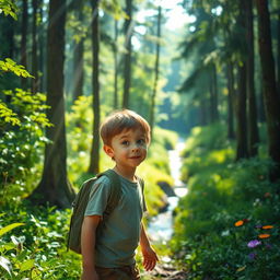 A young boy exploring a vibrant forest, surrounded by tall, lush trees and bright green underbrush