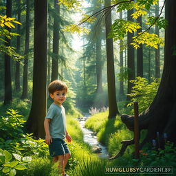 A young boy exploring a vibrant forest, surrounded by tall, lush trees and bright green underbrush