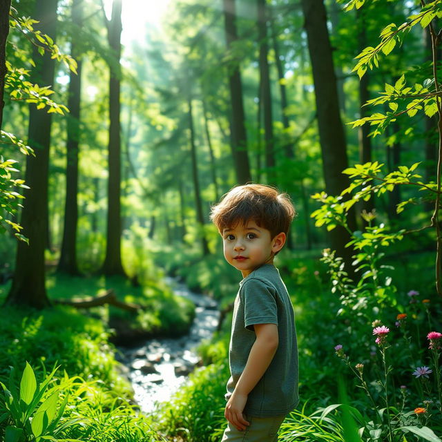 A young boy exploring a vibrant forest, surrounded by tall, lush trees and bright green underbrush