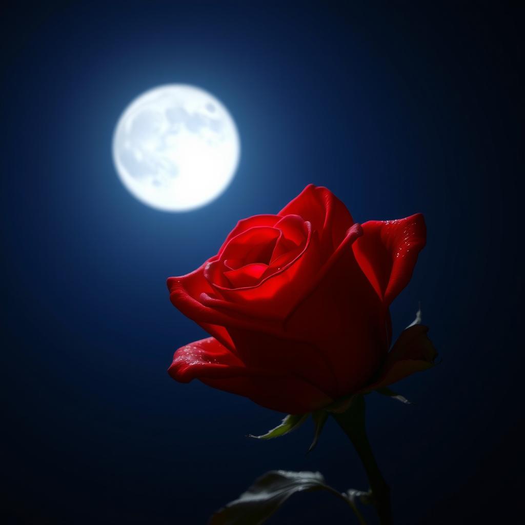 A beautiful red rose illuminated by the soft glow of the moonlight, set against a night sky