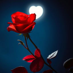 A beautiful red rose illuminated by the soft glow of the moonlight, set against a night sky