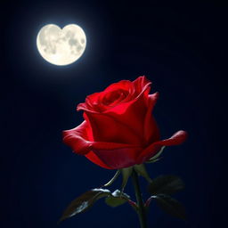 A beautiful red rose illuminated by the soft glow of the moonlight, set against a night sky
