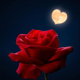 A beautiful red rose illuminated by the soft glow of the moonlight, set against a night sky