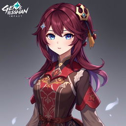 A full-body portrait of a female Genshin Impact original character featuring stunning wine-colored hair and striking blue eyes