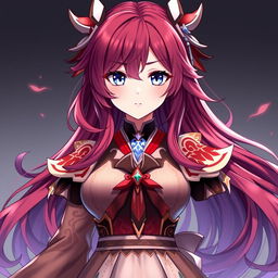 A full-body portrait of a female Genshin Impact original character featuring stunning wine-colored hair and striking blue eyes
